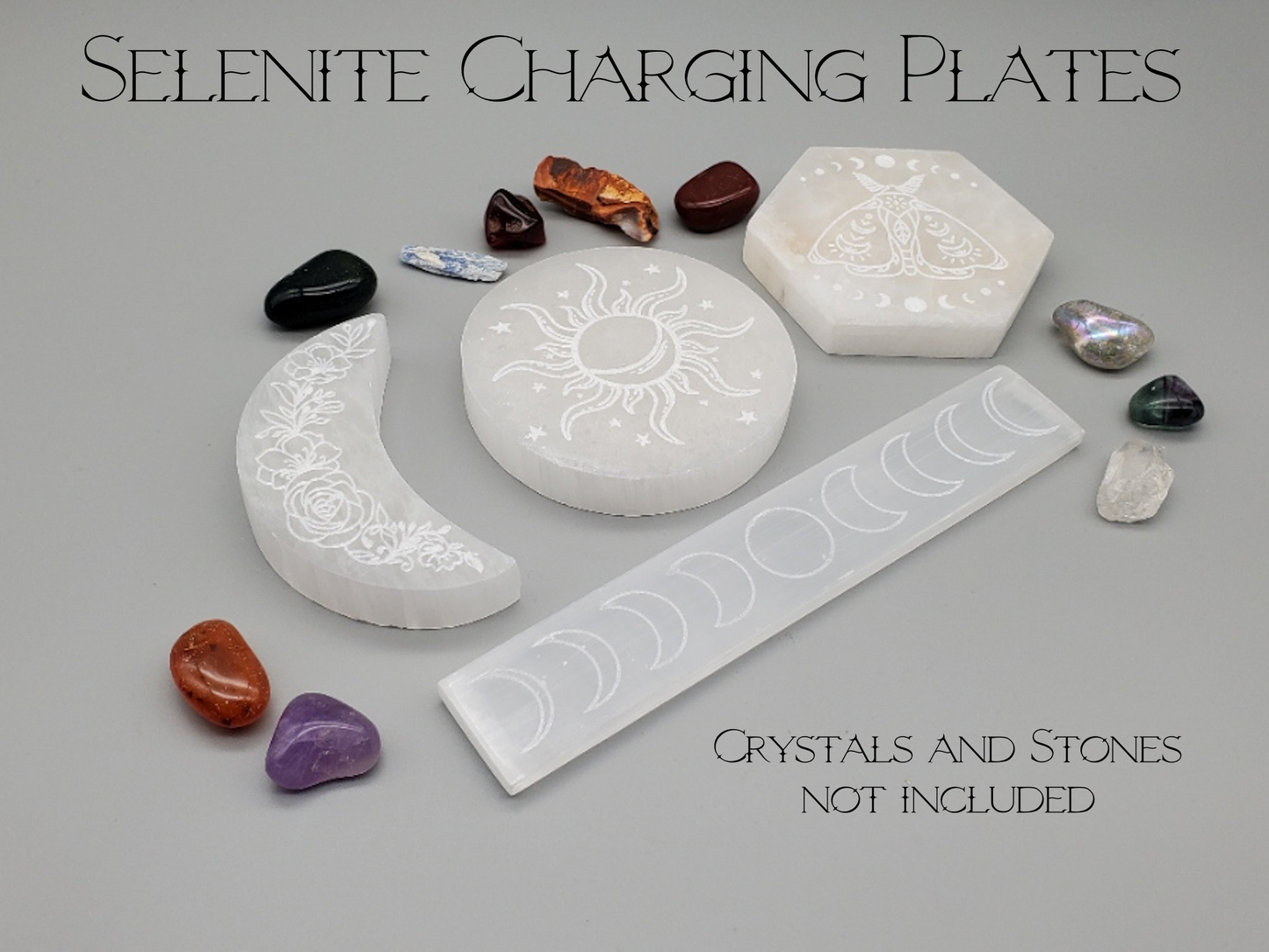 Selenite Crystal Charging and Cleansing Plate - Moon Phases, Floral Moon, Lunar Moth, Sun and Moon