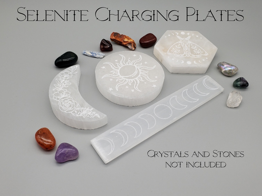 Selenite Crystal Charging and Cleansing Plate - Moon Phases, Floral Moon, Lunar Moth, Sun and Moon