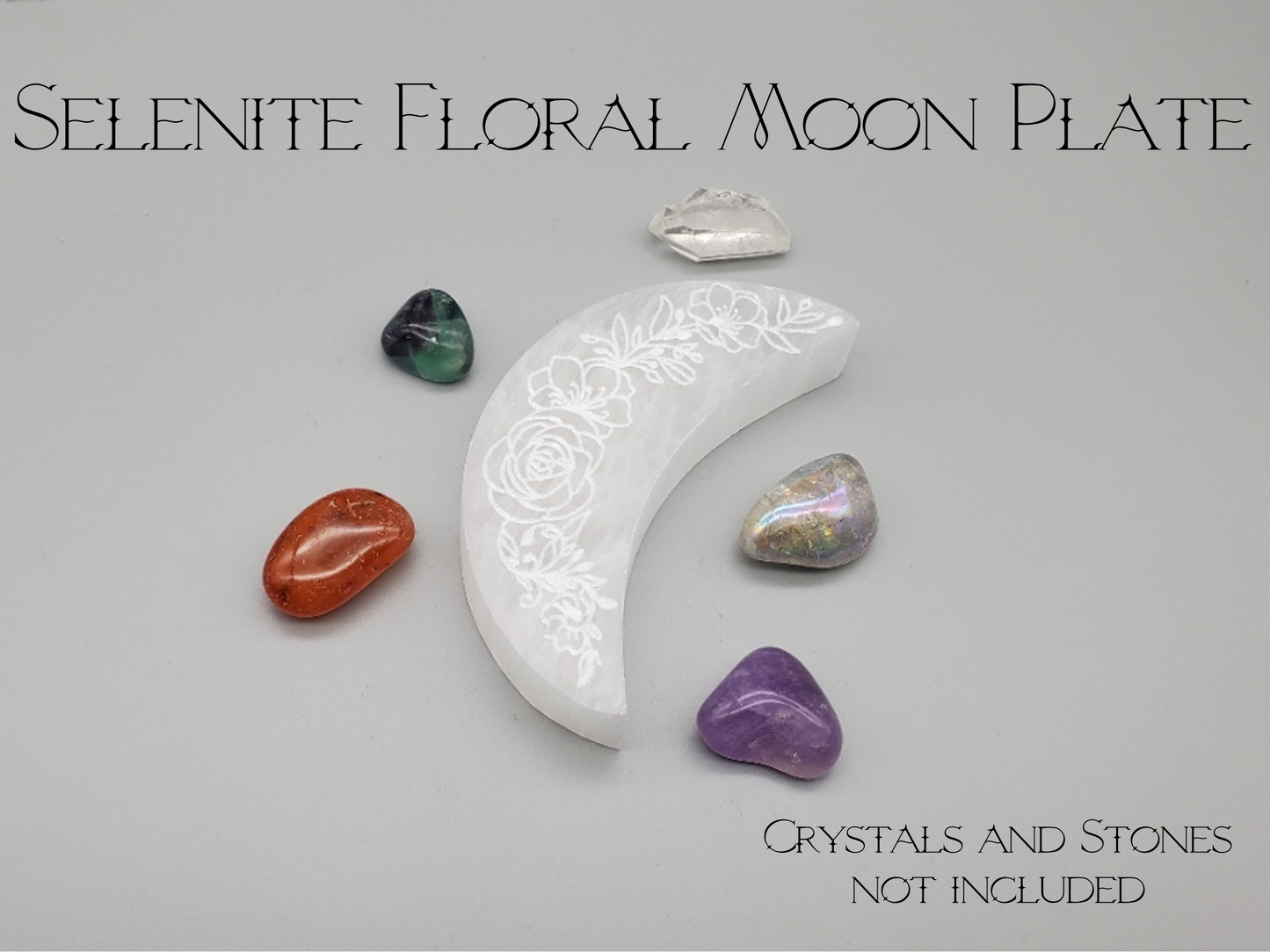 Selenite Crystal Charging and Cleansing Plate - Moon Phases, Floral Moon, Lunar Moth, Sun and Moon