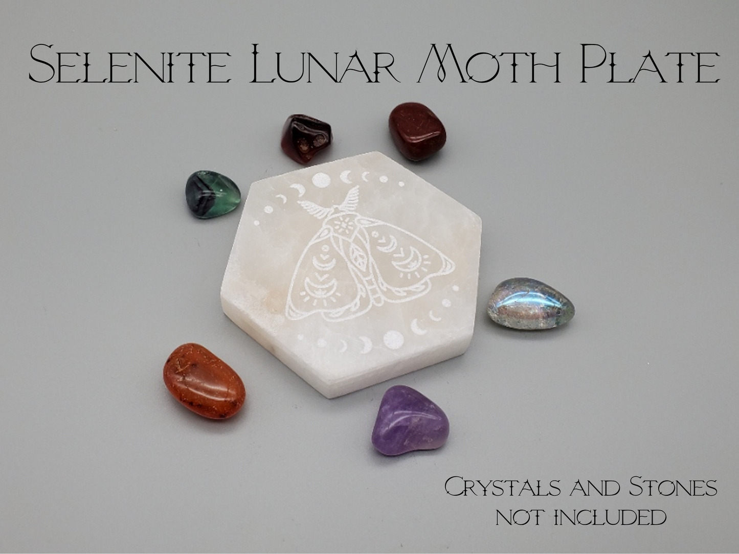 Selenite Crystal Charging and Cleansing Plate - Moon Phases, Floral Moon, Lunar Moth, Sun and Moon