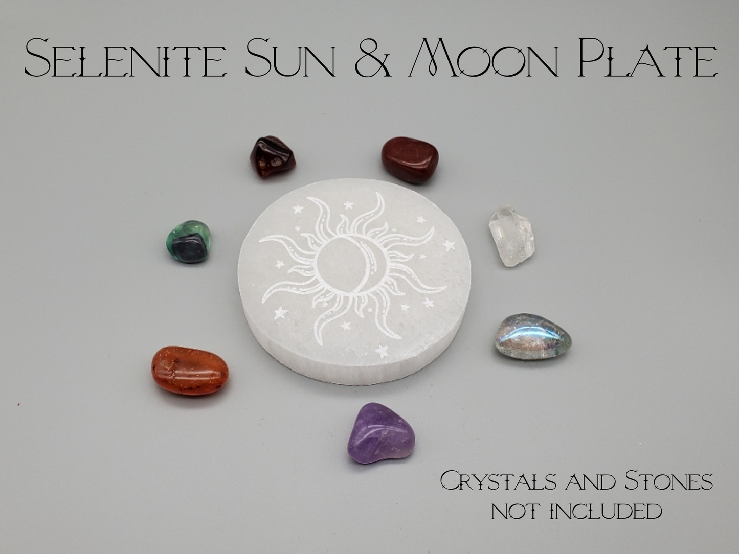 Selenite Crystal Charging and Cleansing Plate - Moon Phases, Floral Moon, Lunar Moth, Sun and Moon