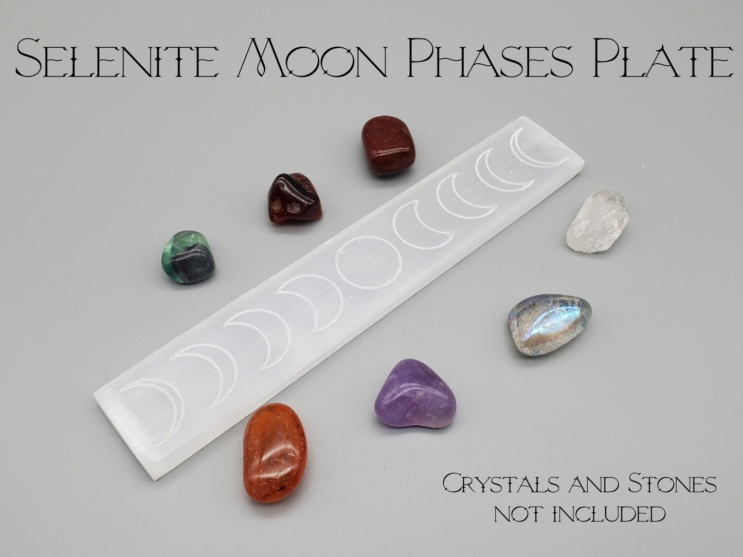 Selenite Crystal Charging and Cleansing Plate - Moon Phases, Floral Moon, Lunar Moth, Sun and Moon