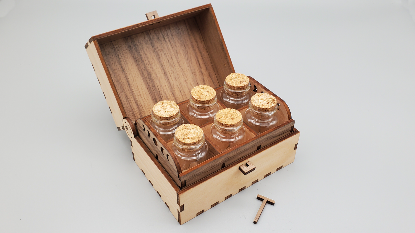 Wooden Apothecary Chest with bottles - Witch's herb box for potions or ingredients, 6 glass bottles with cork stoppers