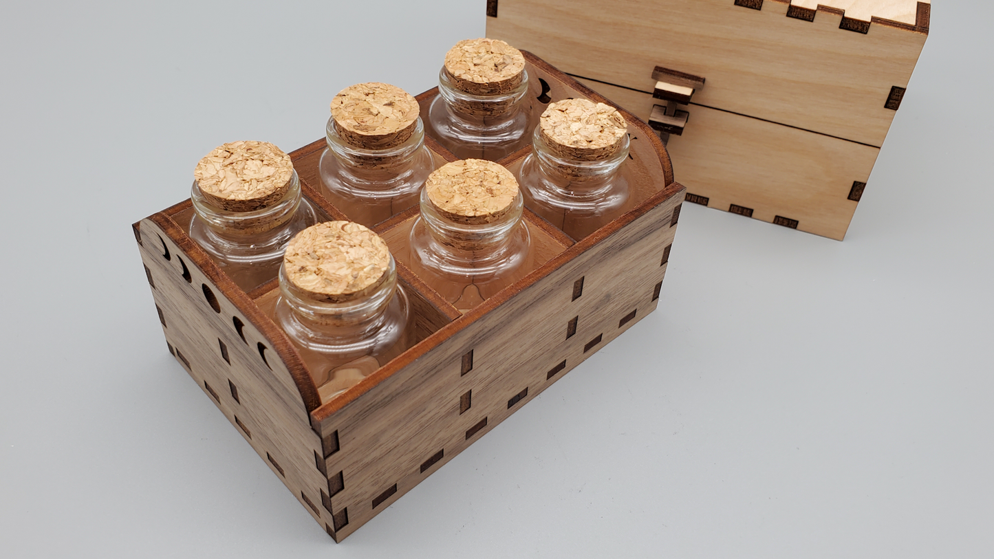 Wooden Apothecary Chest with bottles - Witch's herb box for potions or ingredients, 6 glass bottles with cork stoppers