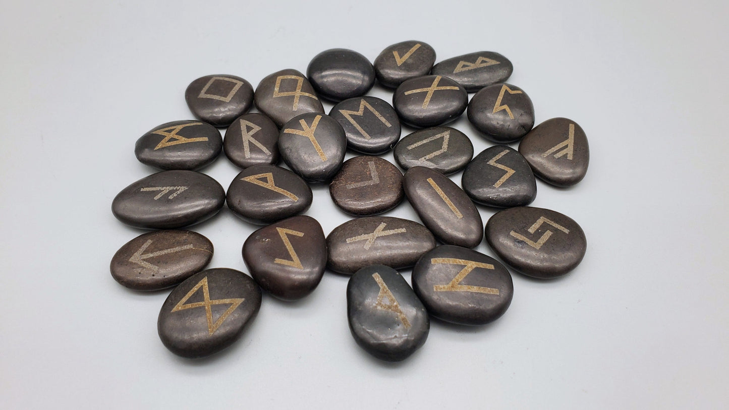 Futhark Runes - Etched Black River Rock