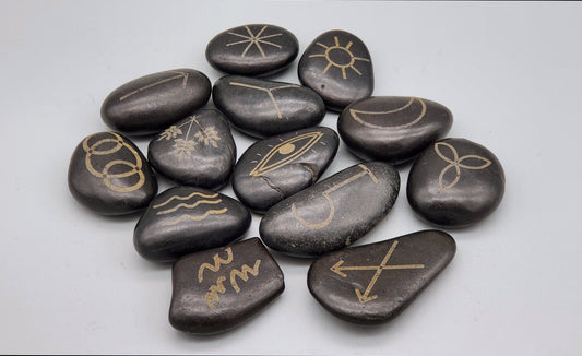 Witch's Runes - Etched Black River Rock